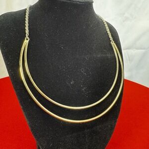 Gold Tone Double Bar Choker Collar Necklace On Silver Tone Chain